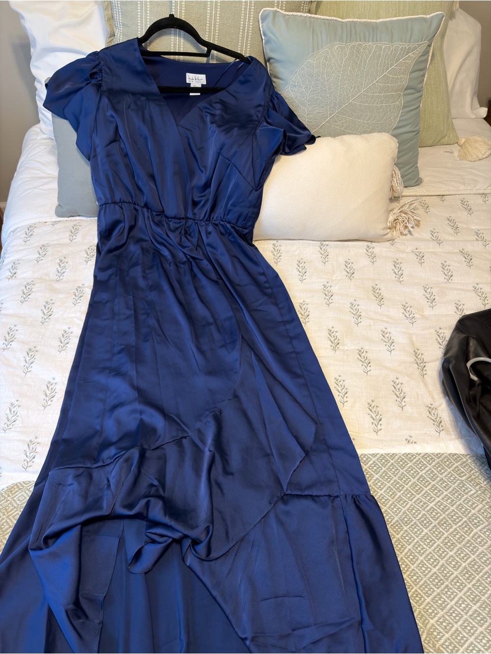 Navy Satin V-Neck Midi Dress